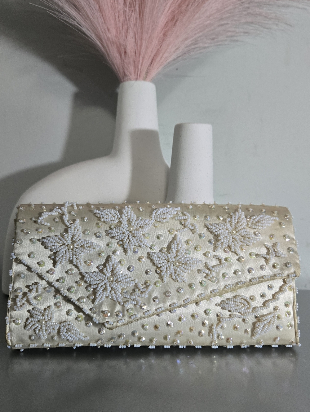 Vintage 50s/60s  Beaded Cream Satin Clutch - Floral Sequin Evening Bag